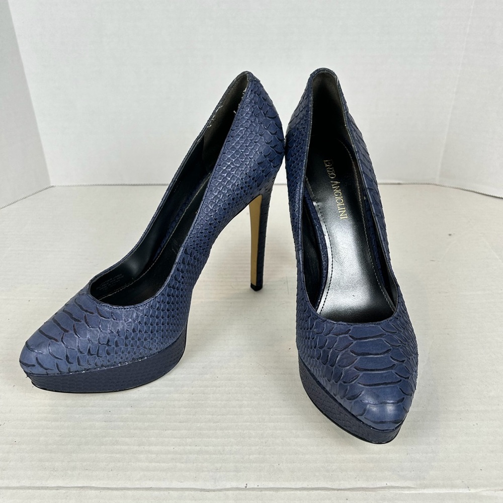 ENZO ANGIOLINI Eaarlee Platform Pumps Heels SZ 10M Stiletto Faux Snake Blue